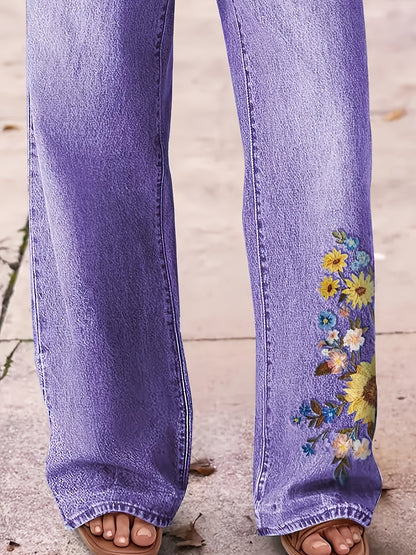 Women's High-Waisted Washed Embroidered Jeans - Straight Leg Pants with Beltless Design, Stretch & Machine Washable for All-Season Wear (Casual & Dressy)
