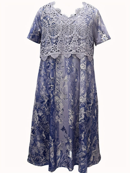 Plus Size Flower Print Midi Dress with Lace Neck and Short Sleeve