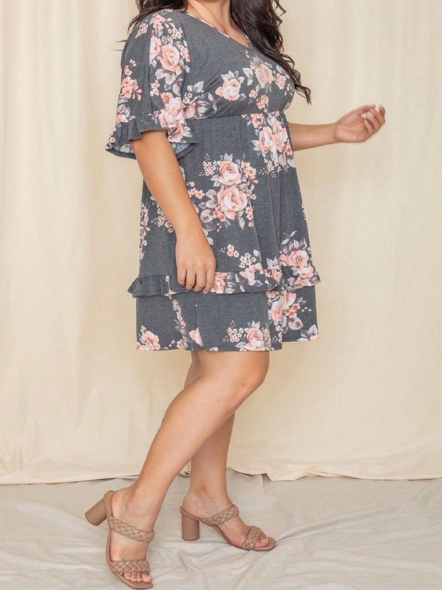 Vintage Boho Navy Pink Yellow White Charcoal Floral Ruffle flutter Trim Midi Dress S-3X