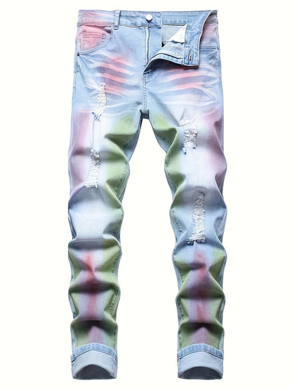 Men's Colorful Ripped Elasticity Skinny Wild Jeans - Stretchy Denim Fabric - For Fashionable Men - Perfect for Casual Wear - Great Gift for Trendsetters