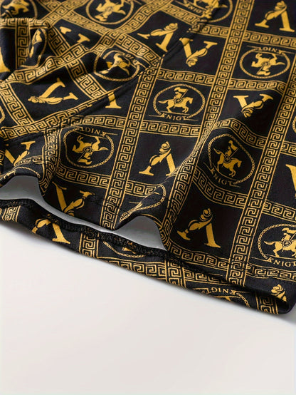 8pcs Luxury Men's Boxer Briefs - Golden Greek Letter Print, High Stretch Fabric, Breathable & Comfortable for All Seasons, Ideal for Spring & Summer, Comfortable Wear|Elastic Waistband|Breathable Fabric
