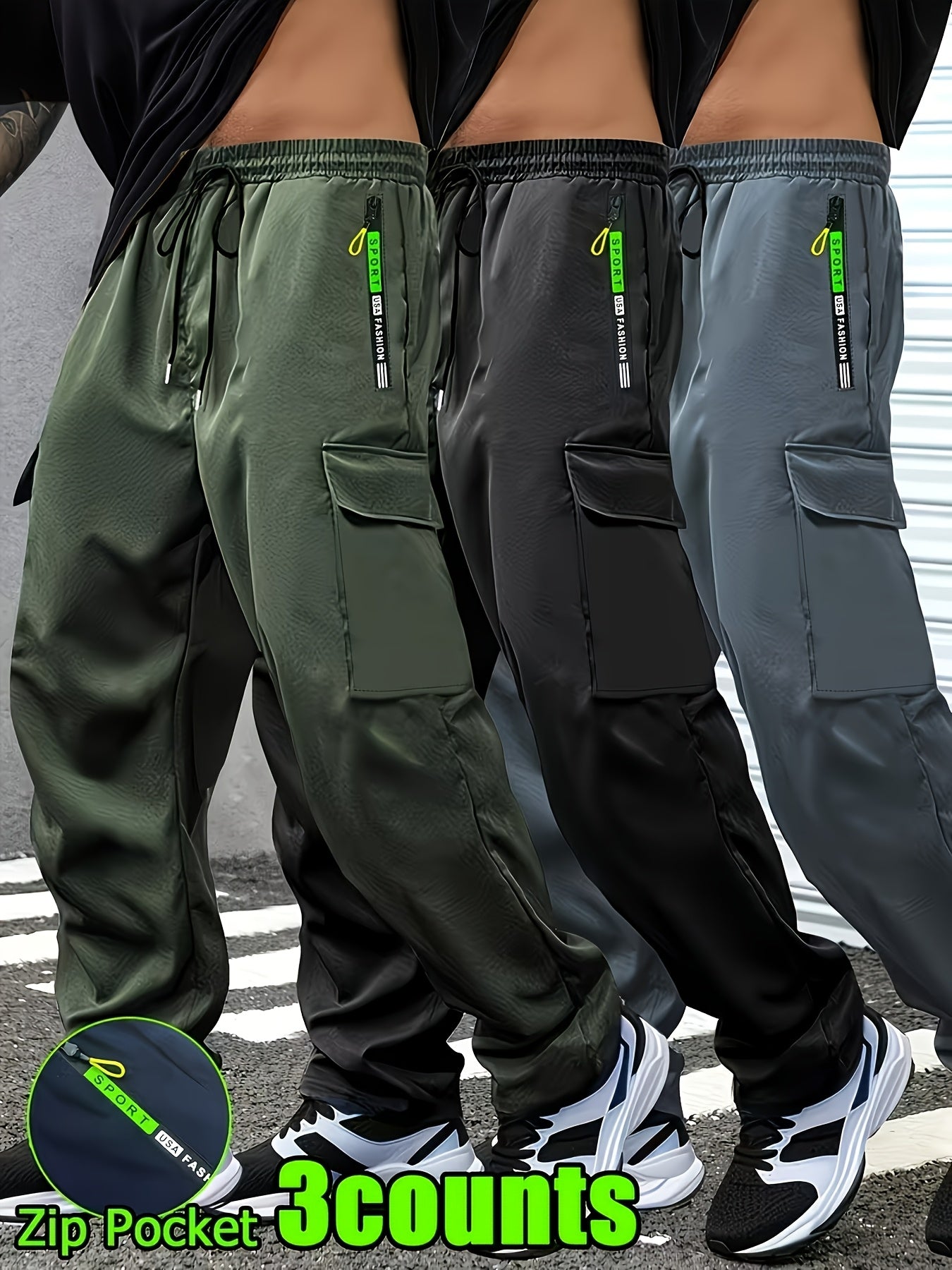 3pcs Men'S Slim Work Pants, With Drawstring Elastic Waist, Zipper Pocket And Large Patch Pocket. Comfortable And Breathable, Suitable For Outdoor And Daily Casual Wear.