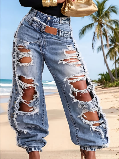 High-waisted Ripped Jeans with Cuffed Hems, Stylish, Trendy and Street-style