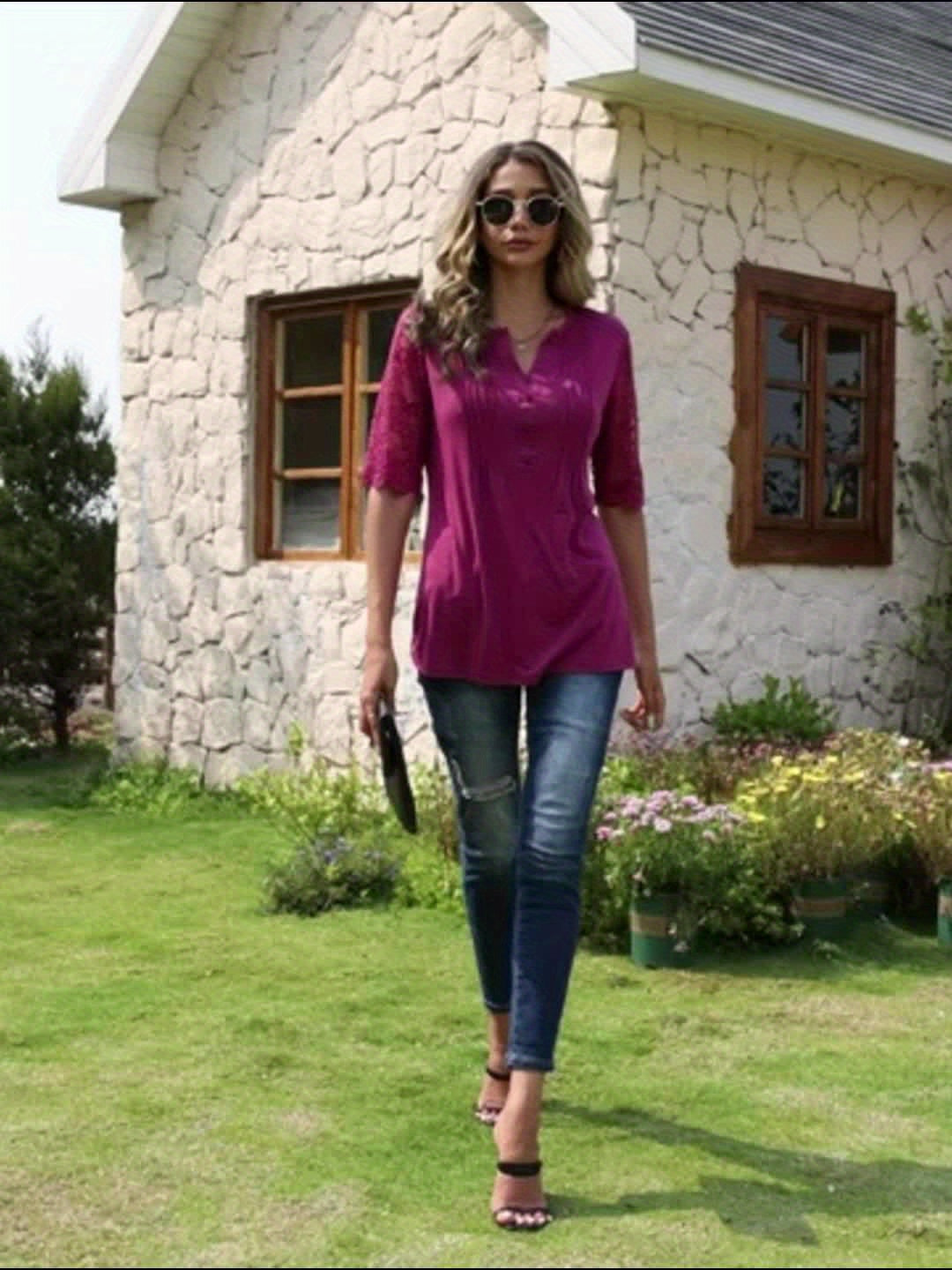 Women's Summer Pleated Button Short Sleeve T-shirt Summer V-neck Solid Color Casual Top