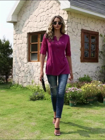 Women's Summer Pleated Button Short Sleeve T-shirt Summer V-neck Solid Color Casual Top