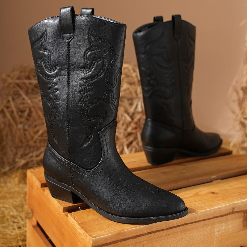 Women's Cowboy Boots Pull On Cowgirl Boots Mid Calf Western Boots, Women's Pull On Mid Calf Western Boots
