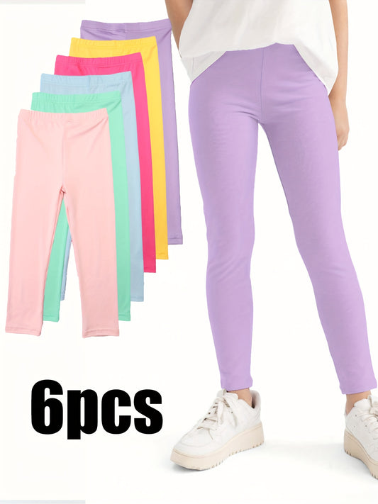 Set of 6 Girls' Leggings in Bright Colors - Soft, Cozy, And Flexible Solid Casual Sports Trousers for Kids, Suitable for All Seasons, Ideal for Outdoor Activities