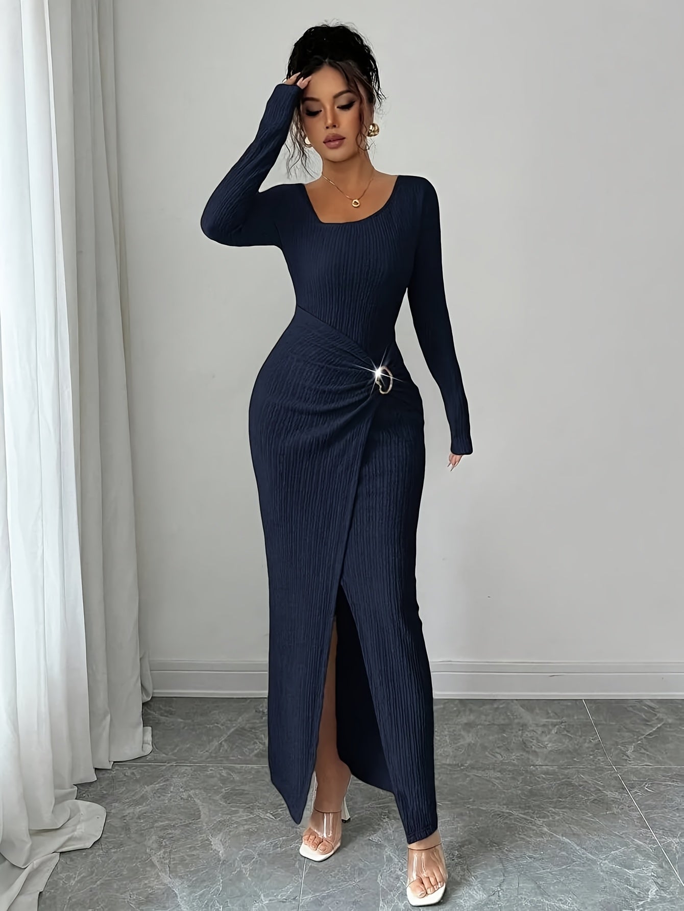 Women'S Solid Color Twisted Split Maxi Dress Asymmetrical Neck Slim Bodycon Fall Winter Elegant Fashion Dress
