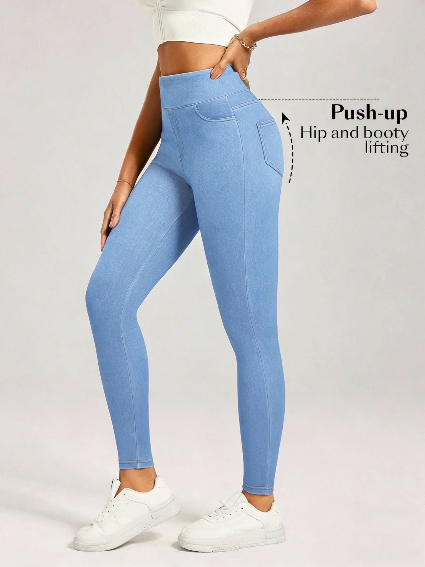 Women'S High-Waisted Denim Jeggings, Tummy Control Skinny Jeans Pants, Stretchy Pull-On Skinny Fit Leggings