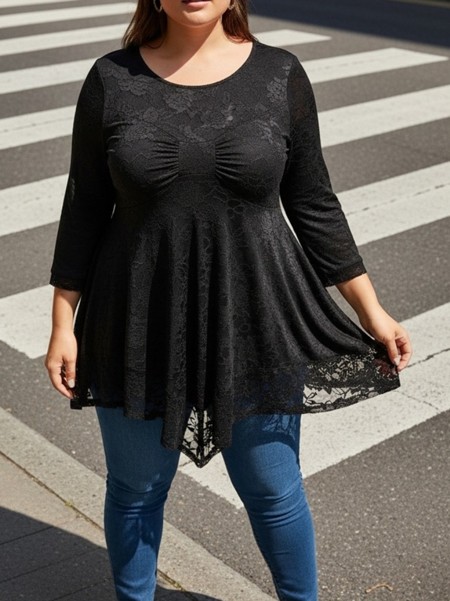 Plus Size - Plus Size - Floral Jacquard Lace Top in Plus Size - Stylish Contrast Edging, Round Neckline, Long Sleeves - Elegant Solid Tops for Curvy Women for Easy Fashion