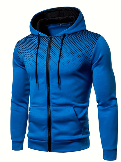 Men's Polka Dot Printed Hooded Jacket, Hooded Jacket with Zippers and Pockets, Men's Winter and Autumn Casual and Sporty Fashion