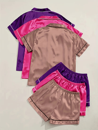 Black + Champagne + Pink Satin Short-Sleeve Shorts - product view 34