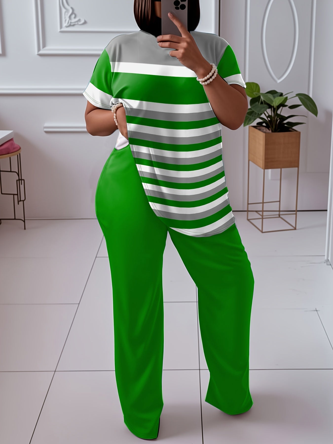 2pcs Women'S Plus Size Color Block Set - Elegant Crew Neck Long Sleeve Top & Straight Leg Pants, 95% Polyester 5% Elastane, Medium Stretch Knit Fabric, Machine Washable