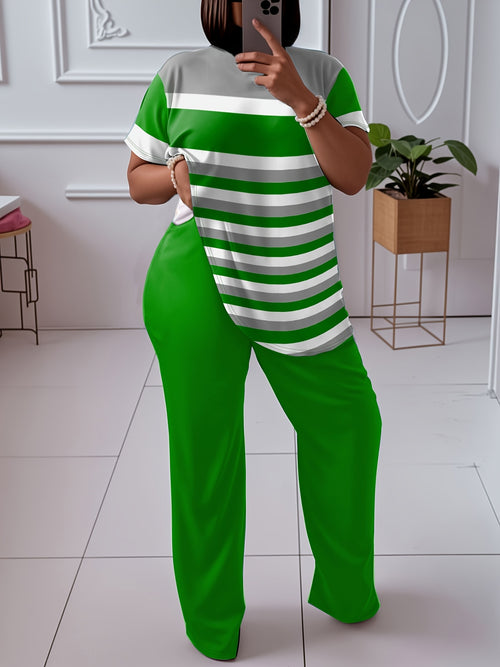 2pcs Women'S Plus Size Color Block Set - Elegant Crew Neck Long Sleeve Top & Straight Leg Pants, 95% Polyester 5% Elastane, Medium Stretch Knit Fabric, Machine Washable