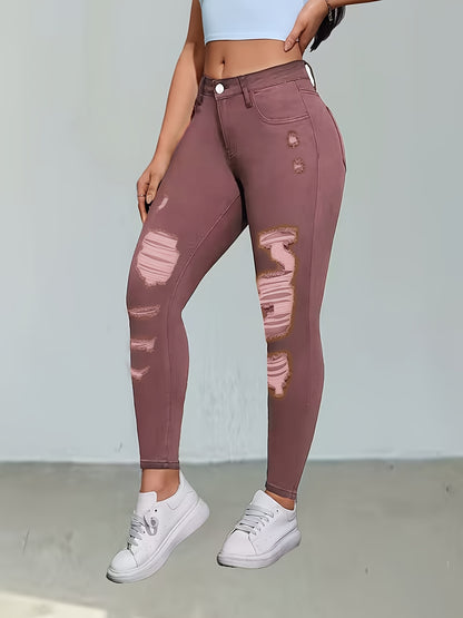 Ladies High Rise Distressed Skinny Jeans, Dark Blue Stretch Denim, Ripped Frayed, Casual Streetwear Night