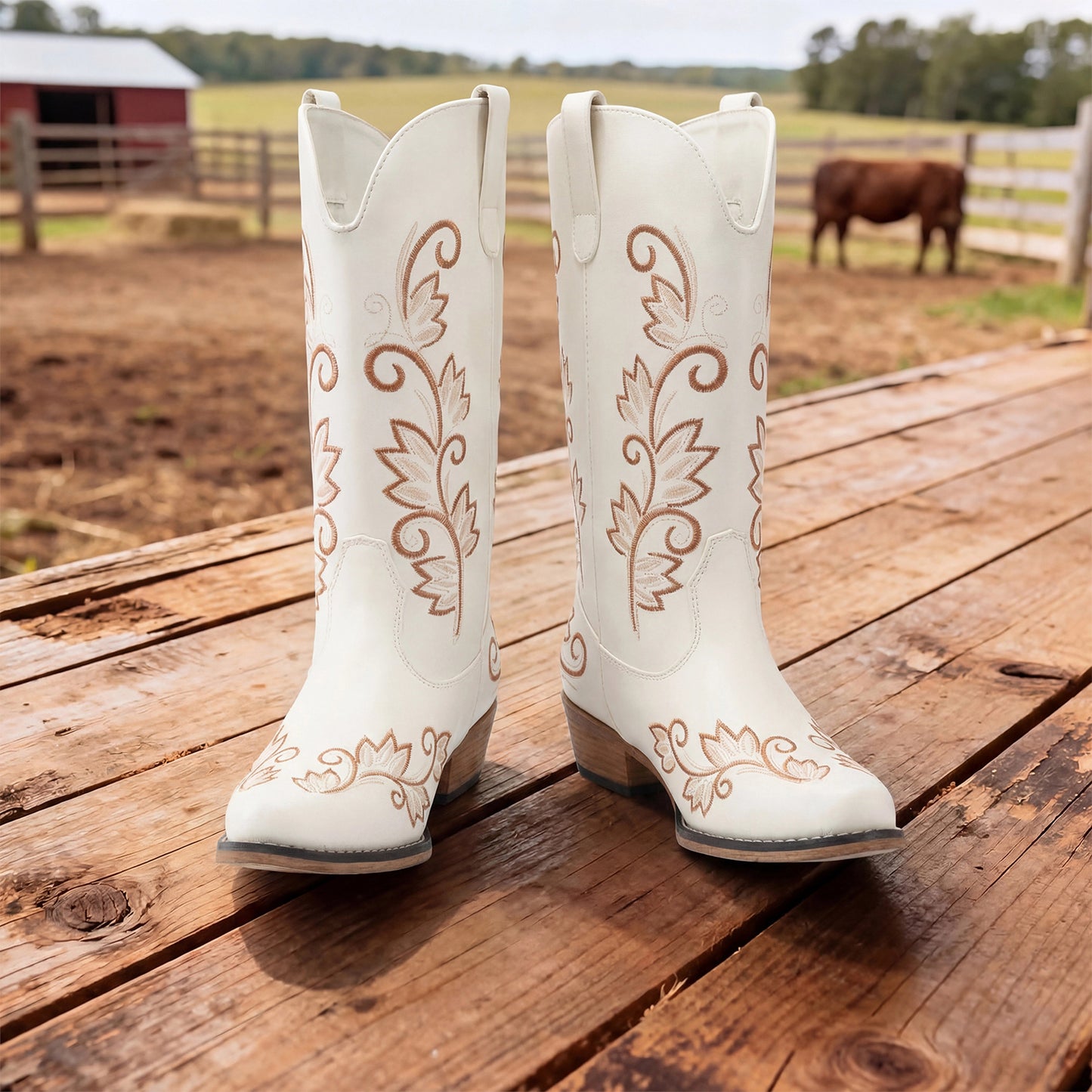 Women'S Cowboy Cowgirl Western Mid Calf Boots Square Toe Embroidered Stitched Pull on Country Boots with Low Chunky Heel Women Shoes