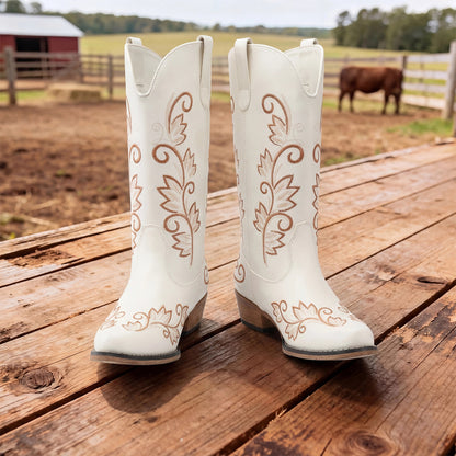 Women'S Cowboy Cowgirl Western Mid Calf Boots Square Toe Embroidered Stitched Pull on Country Boots with Low Chunky Heel Women Shoes