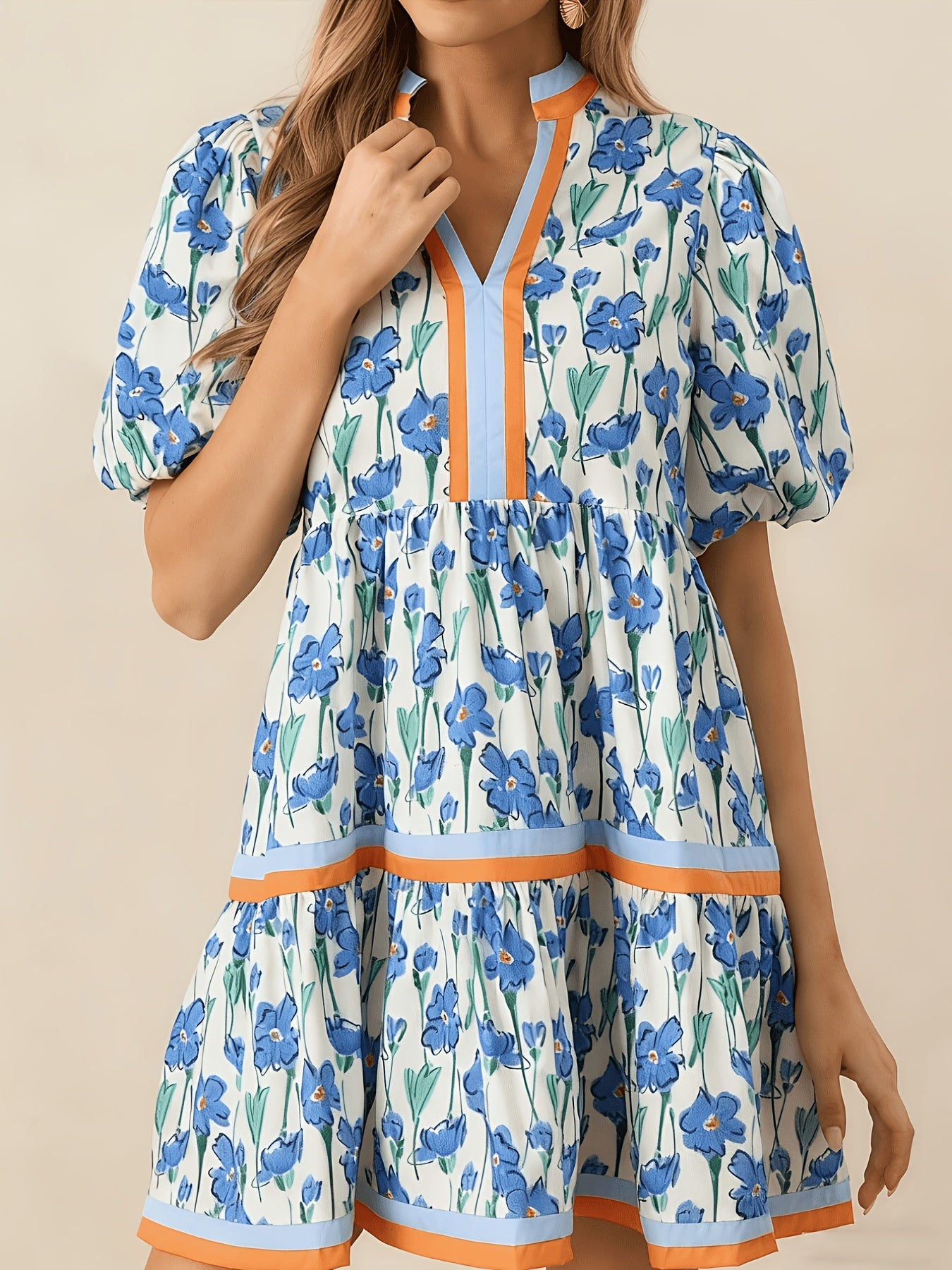 Women'S Summer Floral Mini Dress, Puff Sleeve Short Sleeve V-Neck Loose Bohemian Style Beach Dress, Floral Print
