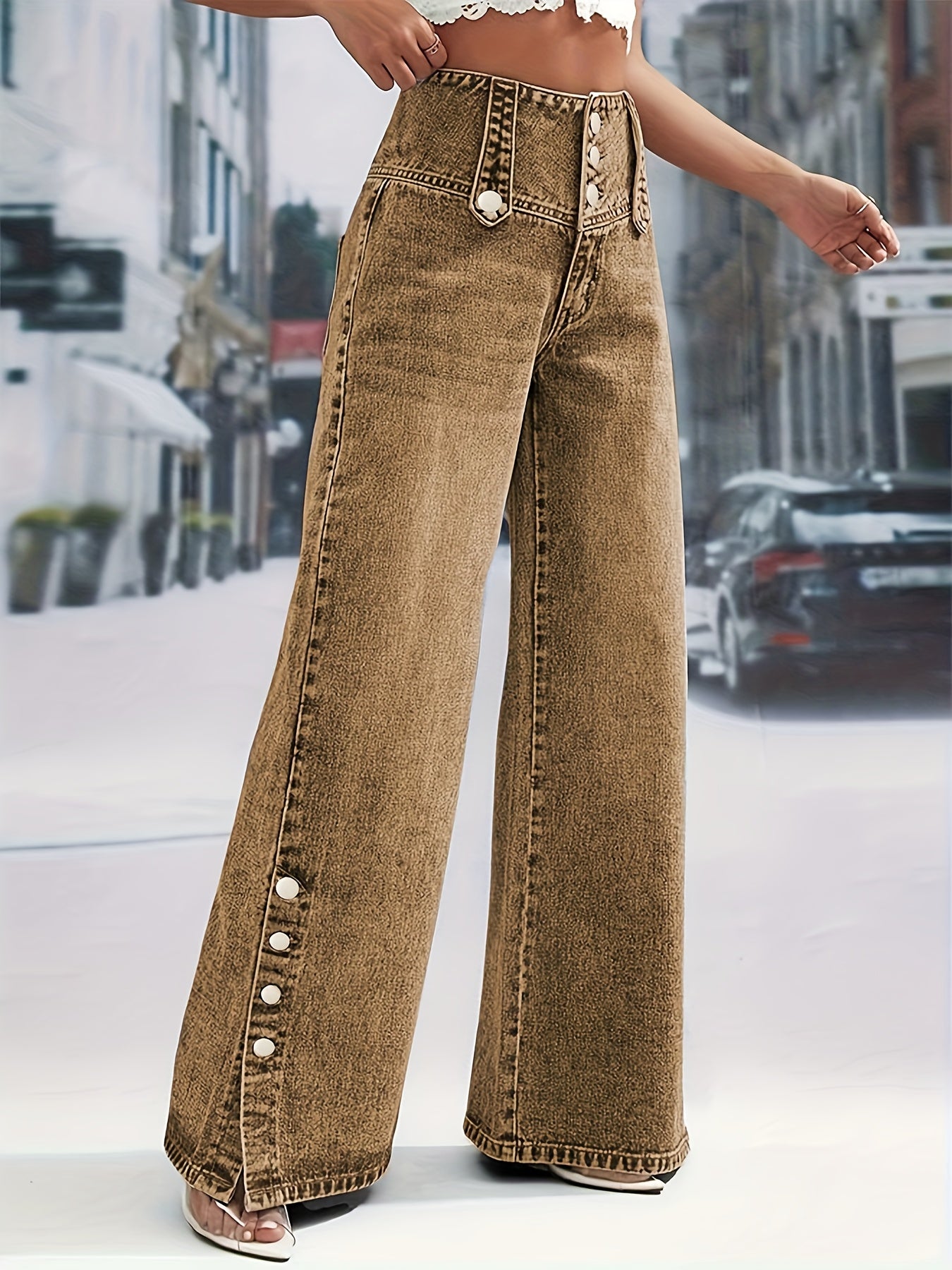 Women'S Light Blue Denim with a High Waist And Snowflake Pattern, Featuring a Buckle Design, Snap Boot Pant Legs, And a Straight, Loose Wide-Leg Cut. This Stylish Casual Outfit Is Perfect for Weekdays And Weekend Shopping, Machine Washable