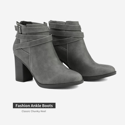 Women's Chunky High Heel Ankle Boots, Close Toe Fall Heeled Booties Shoes