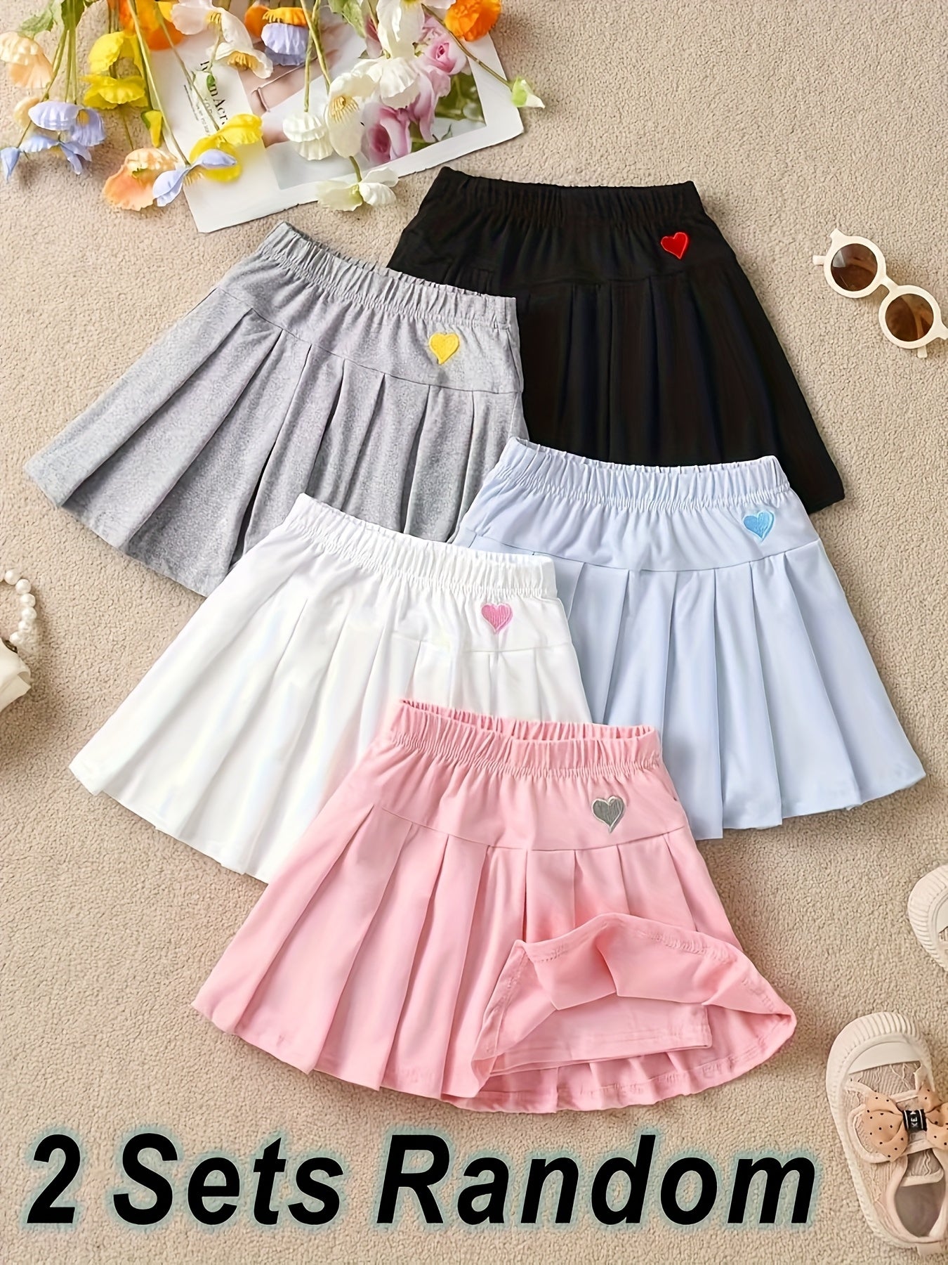 Randomly Send 2pcs, Girls' Pleated Skirt, Pants Belt, Safety Pants Skirt, Versatile Children's Anti Light Half Length Skirt, Summer Mid Size Children's Fashion, Suitable for Outdoor Sports Wear