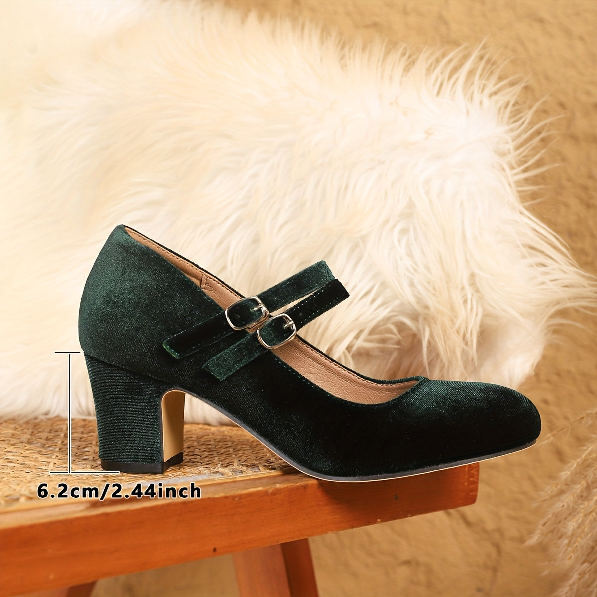 Women's Elegant Velvet Mary Jane High Heels with Chunky Heel & Double Straps - Round Toe Closed-Toe Dress Shoes for Weddings, Christmas, Professional Events, and Formal Occasions, Dressy Shoes, Wedding Guest Footwear, Synthetic Cover Insole