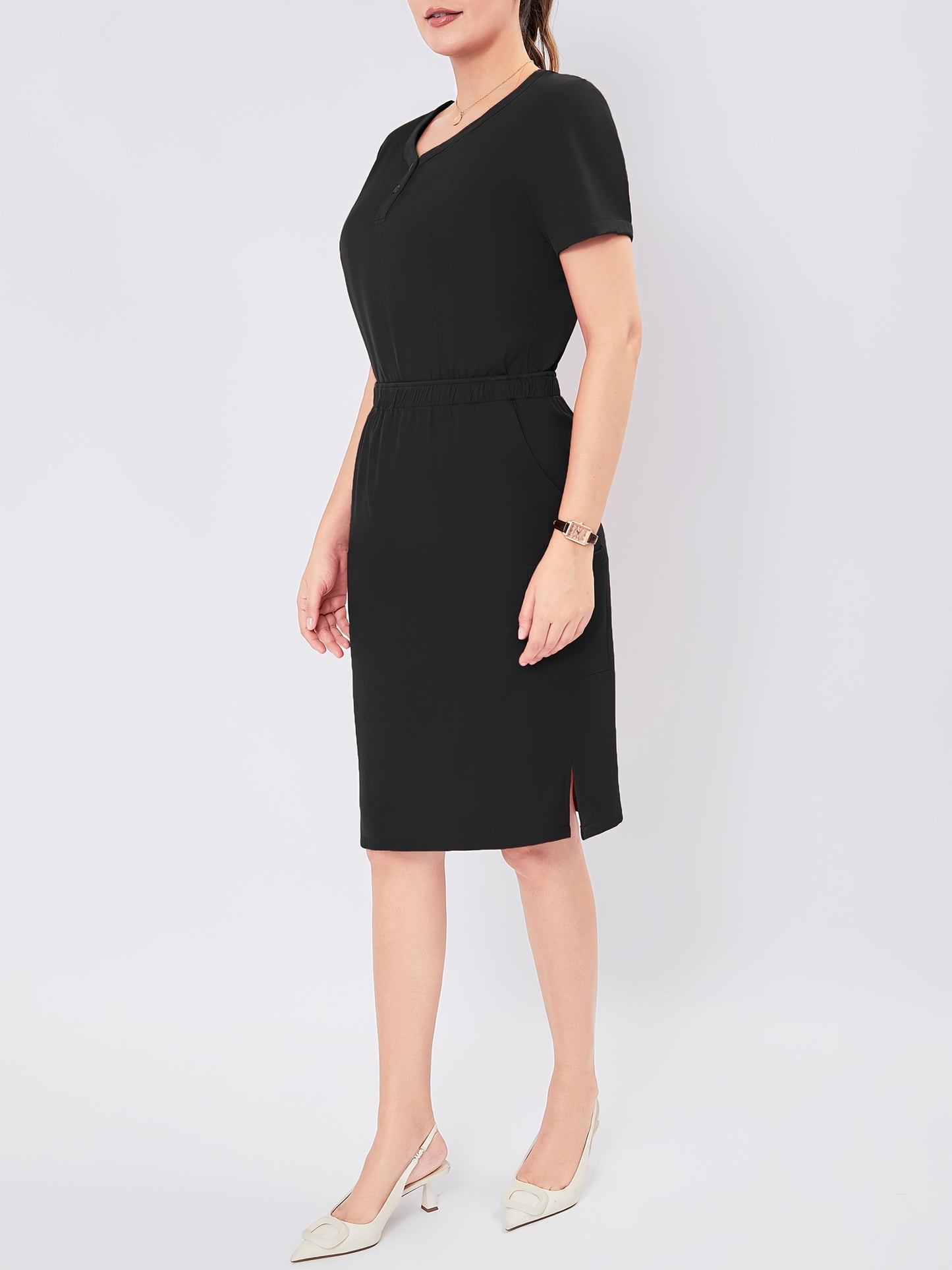 Women's V-Neck Button-Up Scrub Set, Fashionable Short Sleeve Beauty Salon Medical Hand Wash Uniform, Polyester Blend, Casual Style, Regular Fit, Solid Color, Straight Sleeve, Knee-Length Skirt with Pockets, Pullover Top