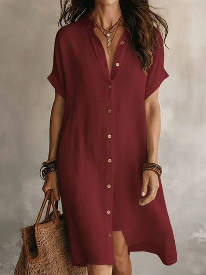 Shirt Dress, Fashionable and Casual, Solid Color, Short Sleeve, Buttoned, Mid-length Dress