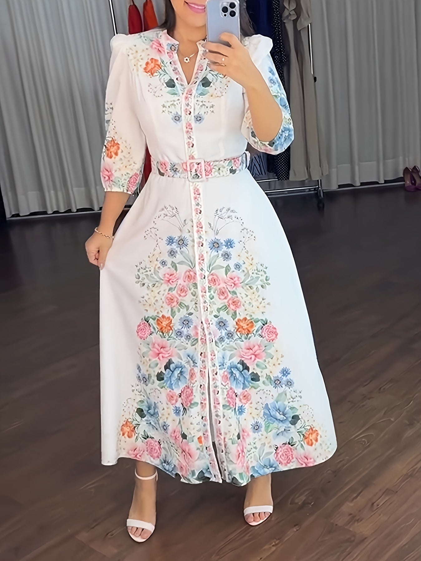 Casual A-Line Maxi Dress with Floral Print, V-Neck, Three-Quarter Sleeves, And Tied Detail
