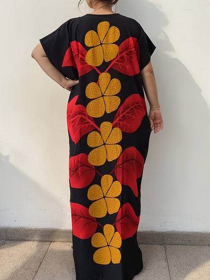 Plus-Size Floral Print Kaftan Dress for Ramadan, Elegant Round-Neck Short-Sleeve Gown for Middle Eastern Women, Women'S Plus-Size Clothing.