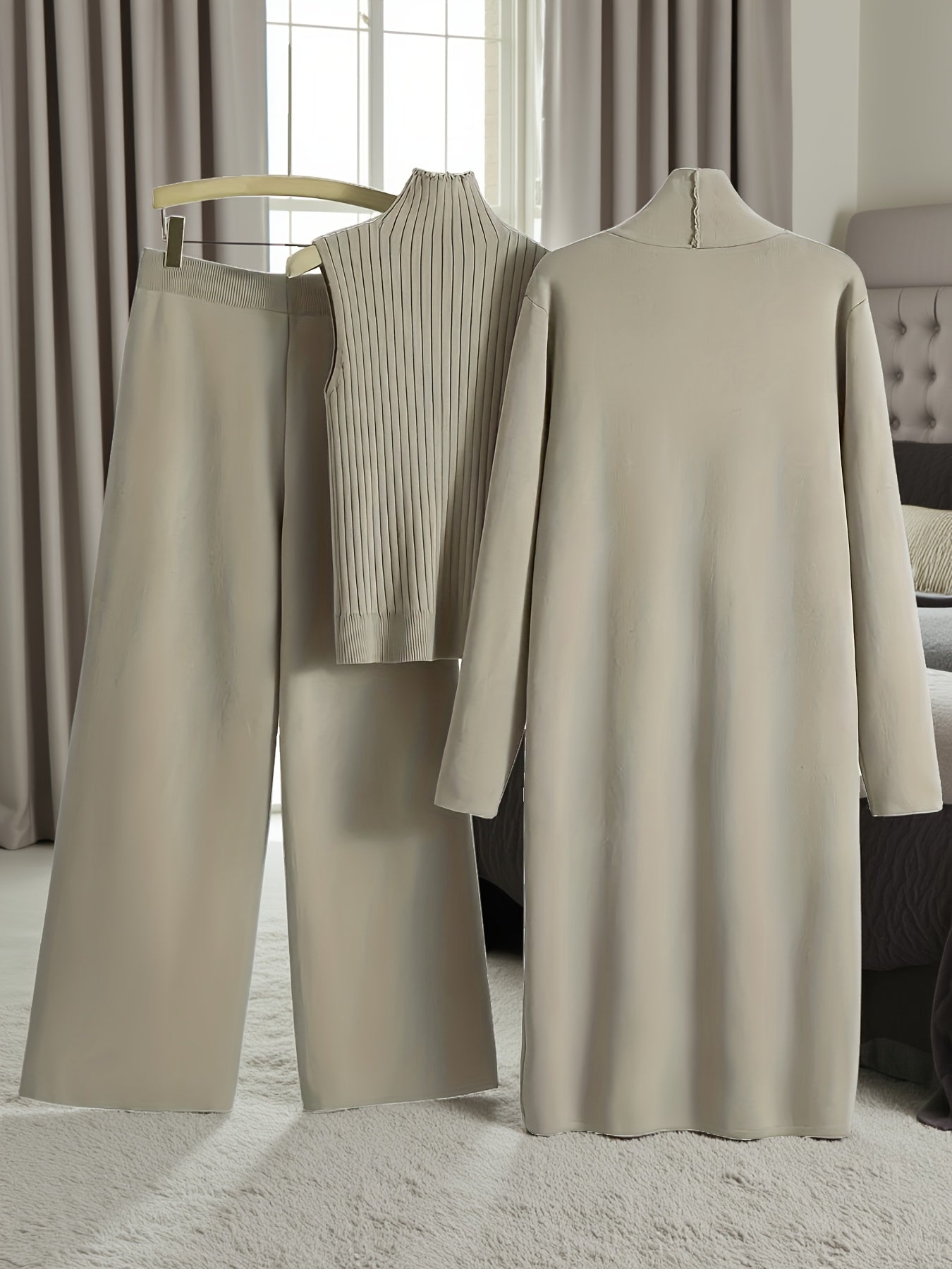 New Autumn And Winter Women'S Loose Set, Including Long Wide-Leg Pants, a Shawl Cardigan, And a High-Neck Vest Sweater, a Fashionable Three-Piece Set