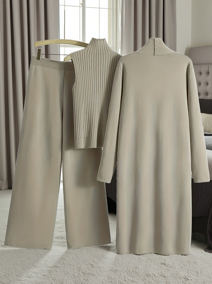 New Autumn And Winter Women'S Loose Set, Including Long Wide-Leg Pants, a Shawl Cardigan, And a High-Neck Vest Sweater, a Fashionable Three-Piece Set