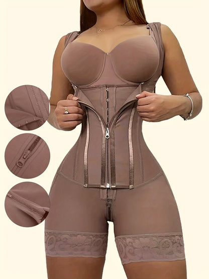 Women Plus Size 2in 1 Tummy Control Shapewear Bodysuit, Fajas Shapewear.adjust Hooks And Zipper Abdomen Trimmer Shapewear