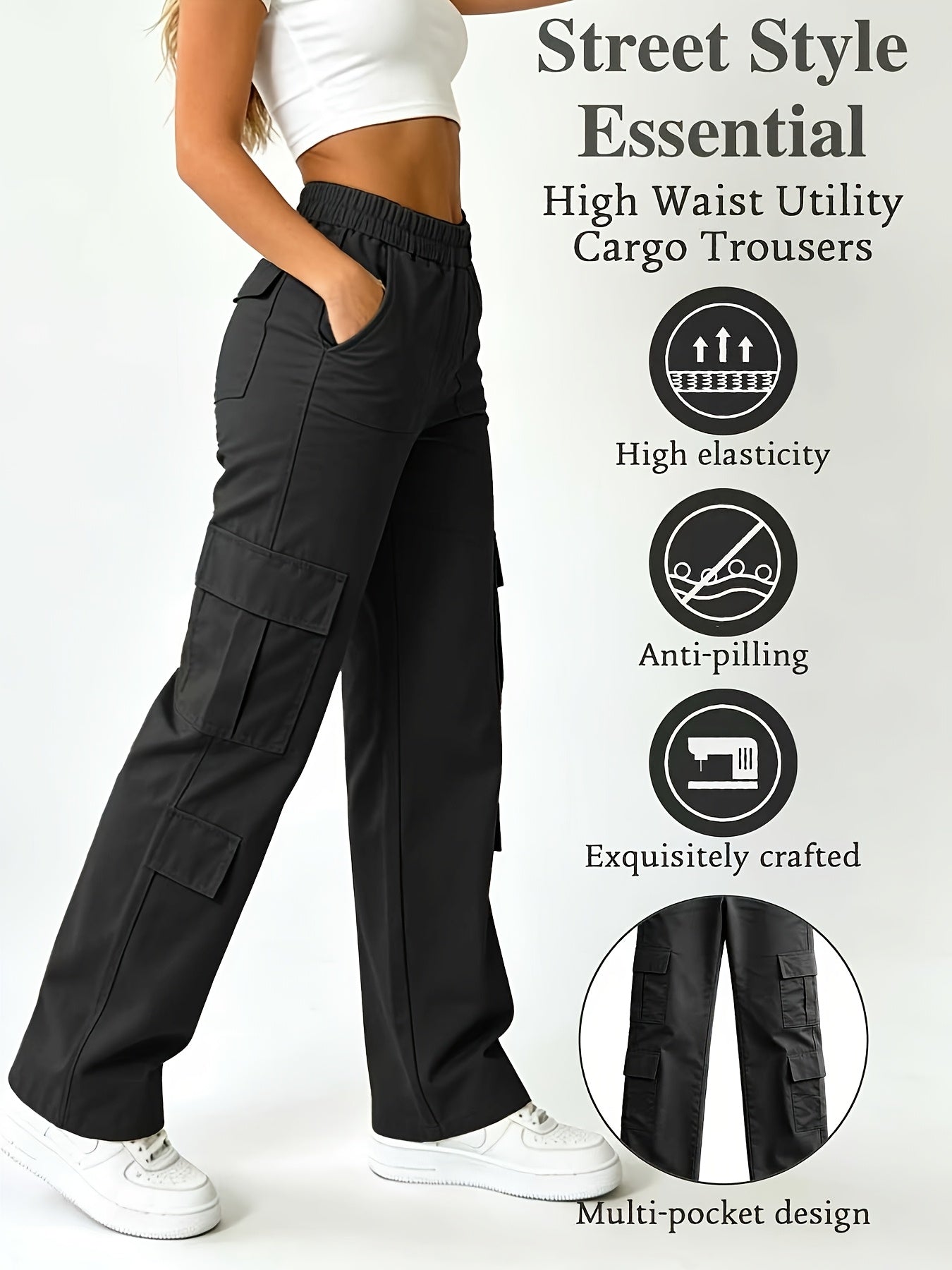 1 Pair Women'S High-Waisted Multi-Pocket Sporty Work Pants. Comfortable And Breathable. Suitable for Daily Outings, Shopping, Dating, Casual Wear, Weddings, Formal Events, And Graduation Ceremonies. The Perfect Choice for Gatherings with Friends