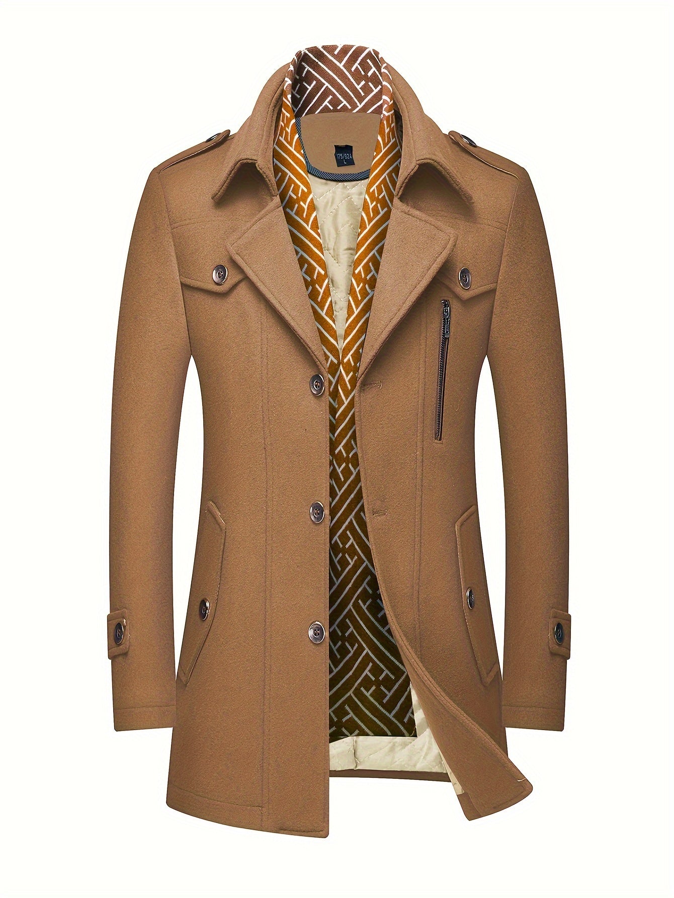 Men'S Wool Blend Coat with Detachable Soft Scarf Notched Collar Single Breasted Overcoat