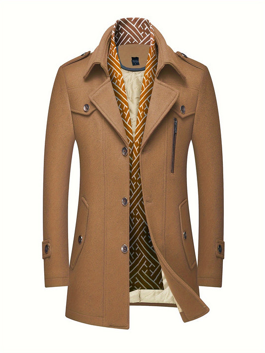 Men'S Wool Blend Coat with Detachable Soft Scarf Notched Collar Single Breasted Overcoat