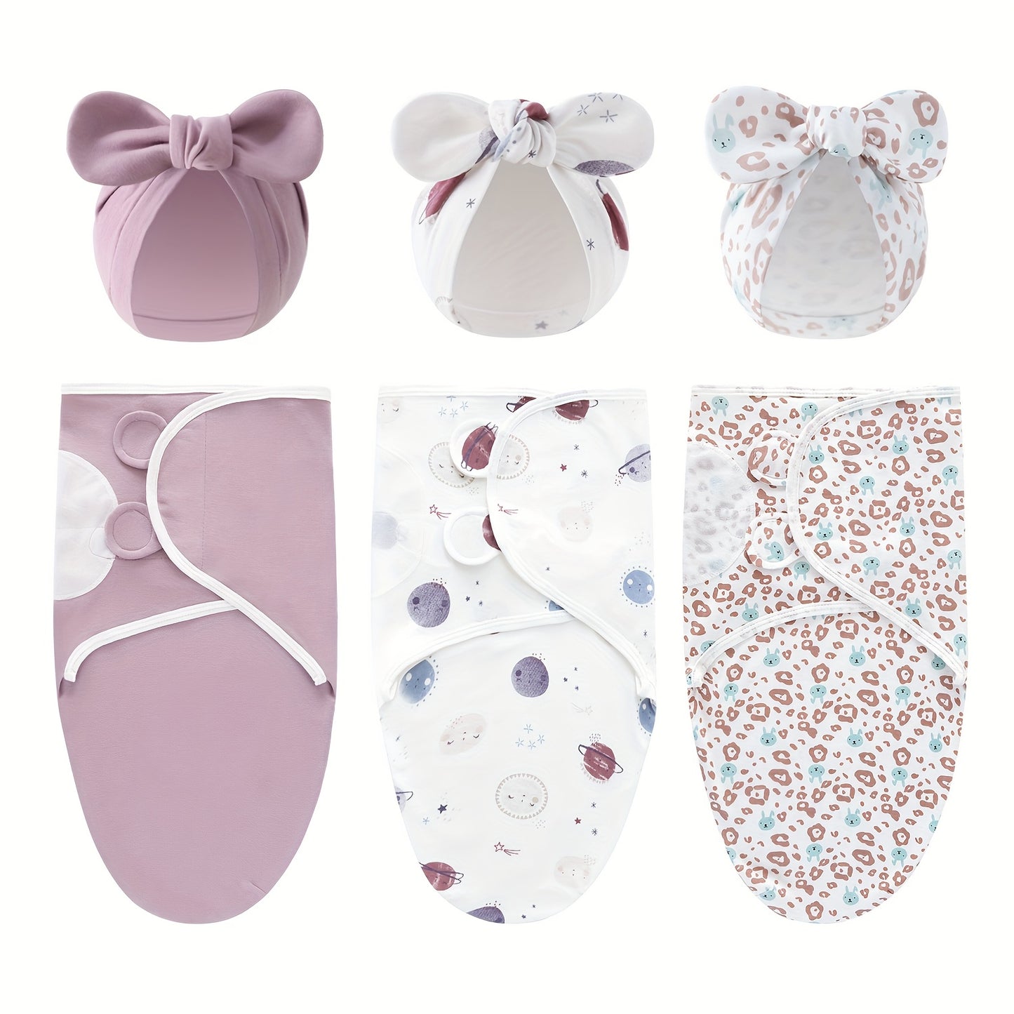 A Set of Three Newborn Blankets And Hats, Ideal for Infants Aged 0 to 3 Months. The Design Resembles The Womb'S Shape And Comes in Various Colors. an Essential Item for New Babies