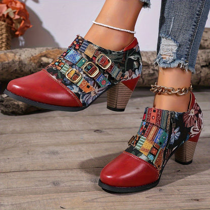 Women's Cowgirl Boots with Chunky Heel - Round-Toe Ankle Boots Suitable for Casual & Formal Outfits, Zipper Closure, Durable PU Sole & Synthetic/Fabric Upper, Versatile Western Footwear, Year-Round Wear, Women Shoes