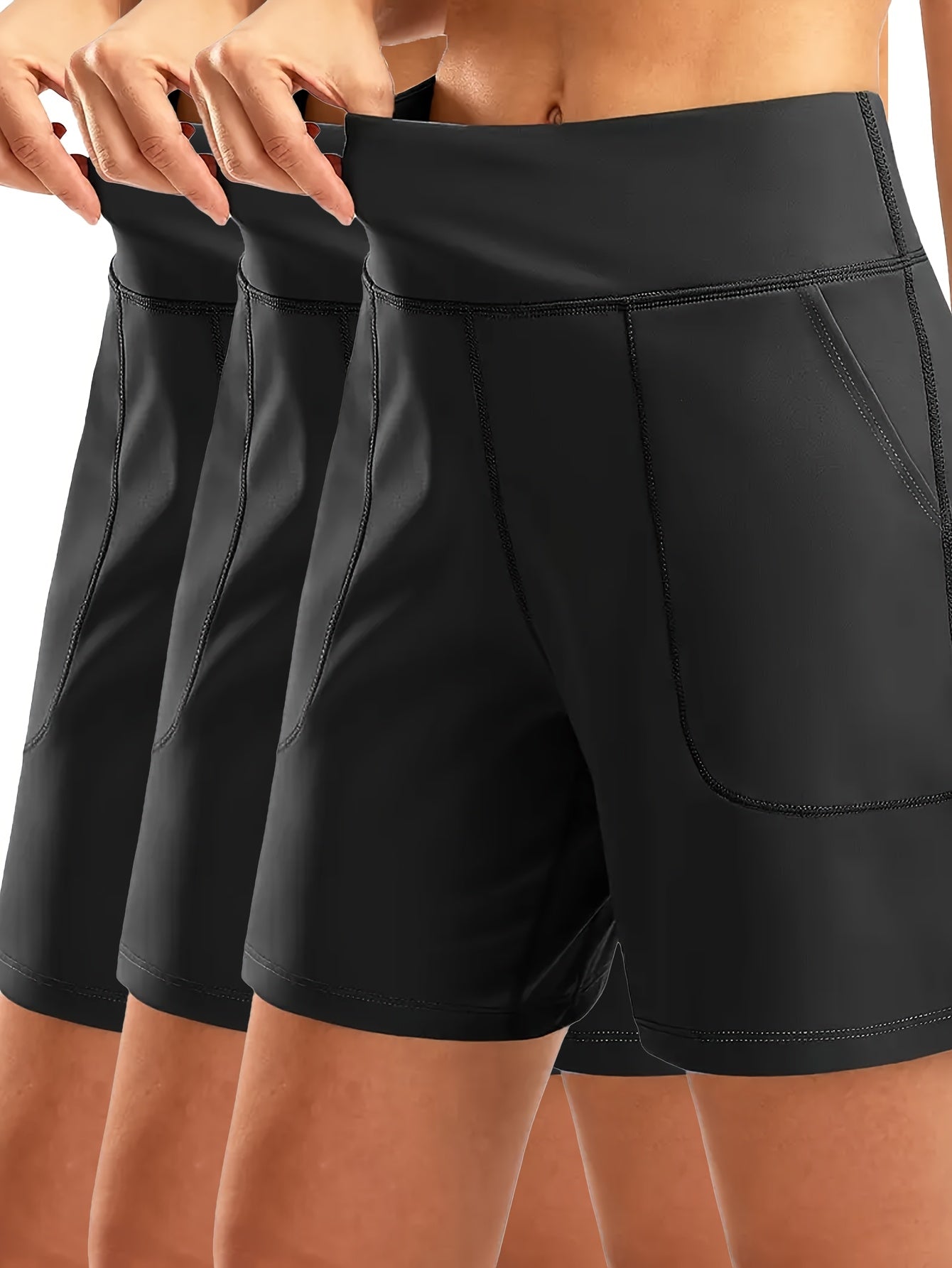 3pcs Women's Elastic-Waist Loose-Fit Casual Sports Shorts with Pockets - Mid-Stretch Breathable Fabric, Solid Color for Gym, Yoga & Casual Attire - Elegant Special Collection, Gym Apparel | Functional Pockets | Stretchable Fabric