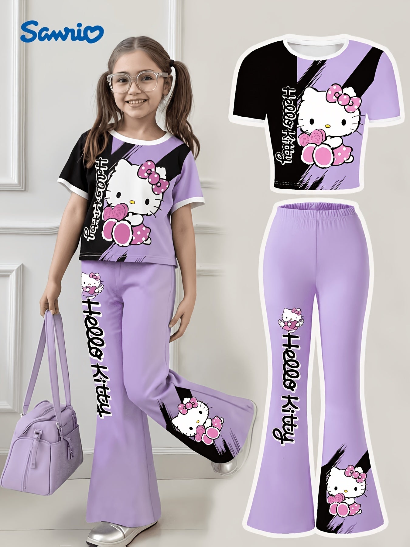 Sanrio-Licensed Hello Kitty for My Melody Keroppi Pachadog Girls' Short-Sleeved Top And Pants Set, Featuring a Cute Hello Kitty Printed T-Shirt And Flare Pants, Perfect for Daily Wear And Outdoor Activities, for Outdoor