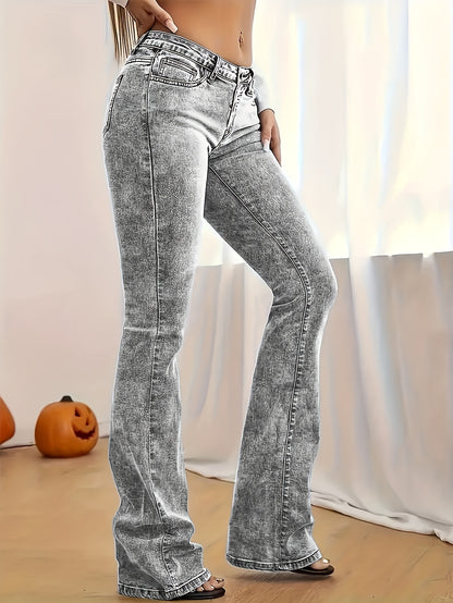 2026 NEW [Long Length Skinny Flare Jeans] Women'S Casual Skinny Flare Jeans, Long Length, Low Waist, Button Fly, Medium Stretch, All Seasons, Solid Color