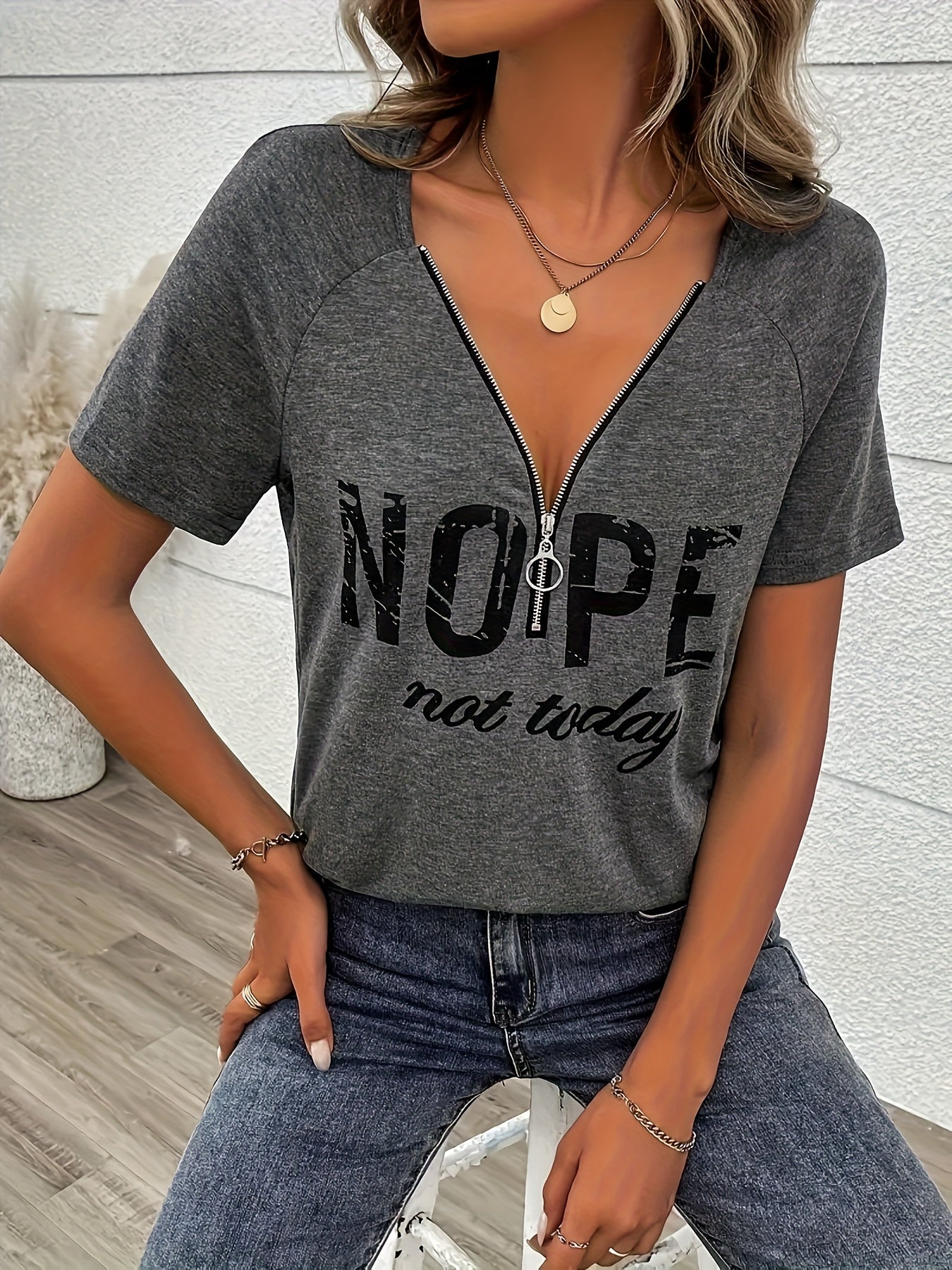Women's Letter Print V-Neck Zip Detail T-Shirt - Soft Polyester, Machine Washable, Elegant Casual Everyday Top