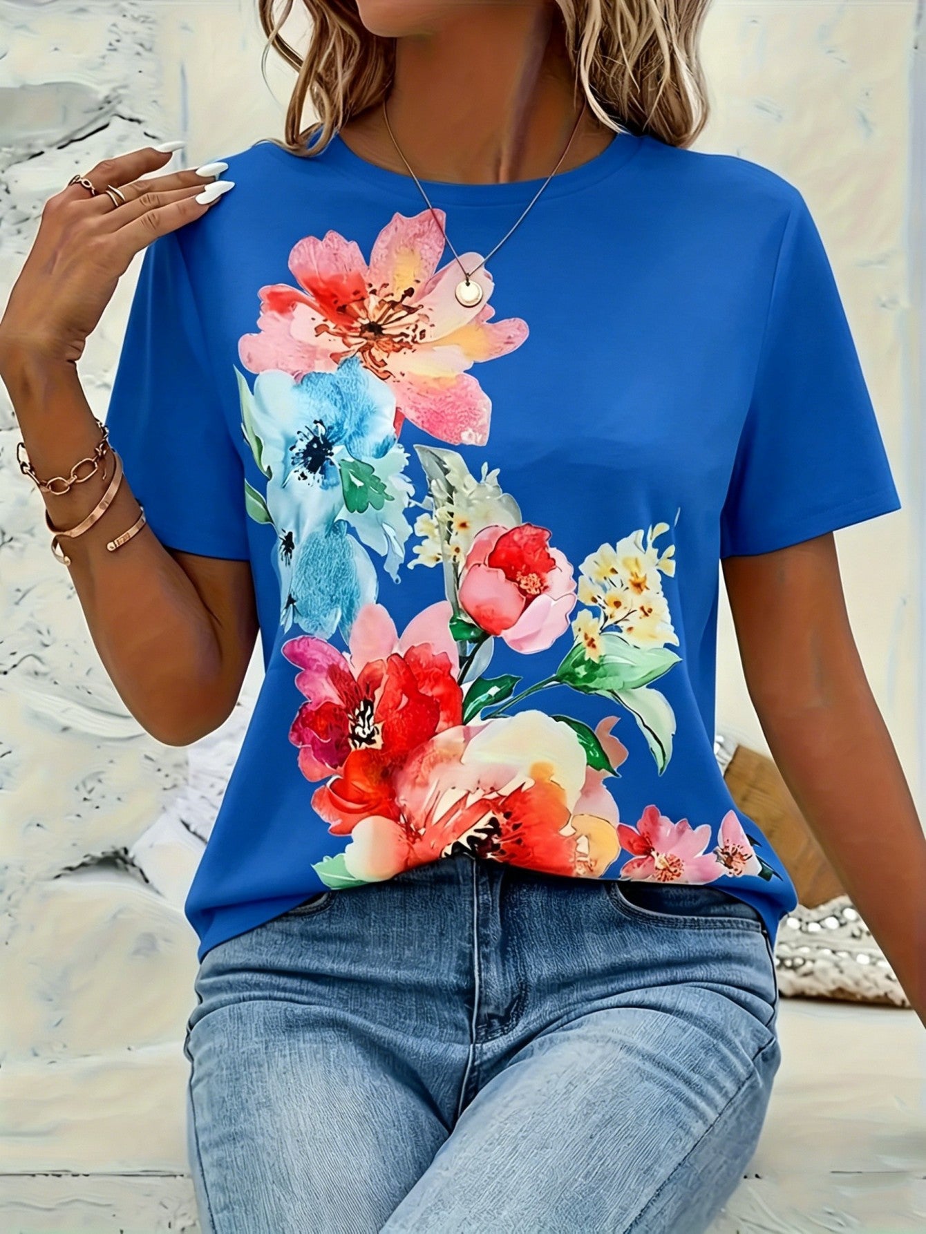 Plus Size, Women's Elegant Full-Body Floral Print T-Shirt - Short Sleeve Crew Neck Blouse, Plus Size Available, All-Season Casual & Dressy Outfits, Machine Washable Elegant Style Top