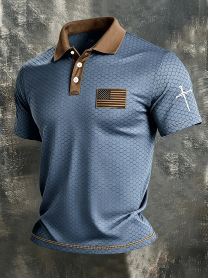 American Flag Gradient Cross Print Polo Shirt for Men's Casual Lapel Short Sleeved Patriotic Themed Commuting Top, American Flag Armband Contrasting Striped Short Sleeved Casual Business Lapel Top