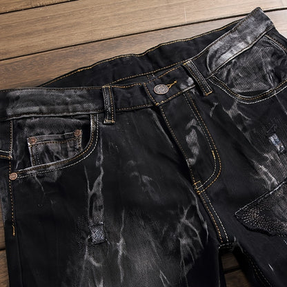 Stylish And Modern Water-Washed Ripped Denim Shorts for Men, Featuring Casual Straight Fit And Embroidered Patches, Perfect for Summer Wear