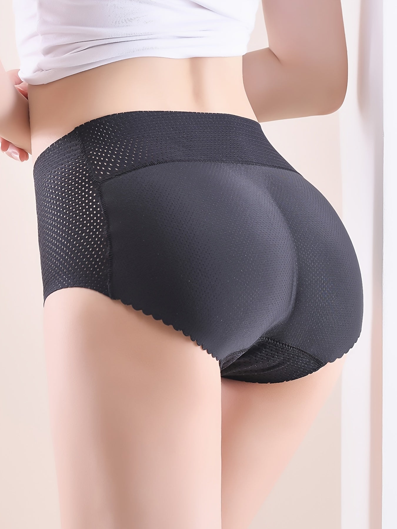 2pcs Solid Fake Butt Padded Seamless Shaping Panties with Scallop Trim, Comfy & Breathable Butt Lifting Panties, Women's Underwear & Shapewear