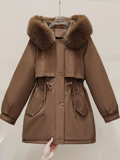 Women'S Winter Fleece-Lined Hooded Jacket with Casual Everyday Commuter Jacket, Stylish And Versatile for Any Look. Drawstring Waist for a Tailored Fit, with a Detachable