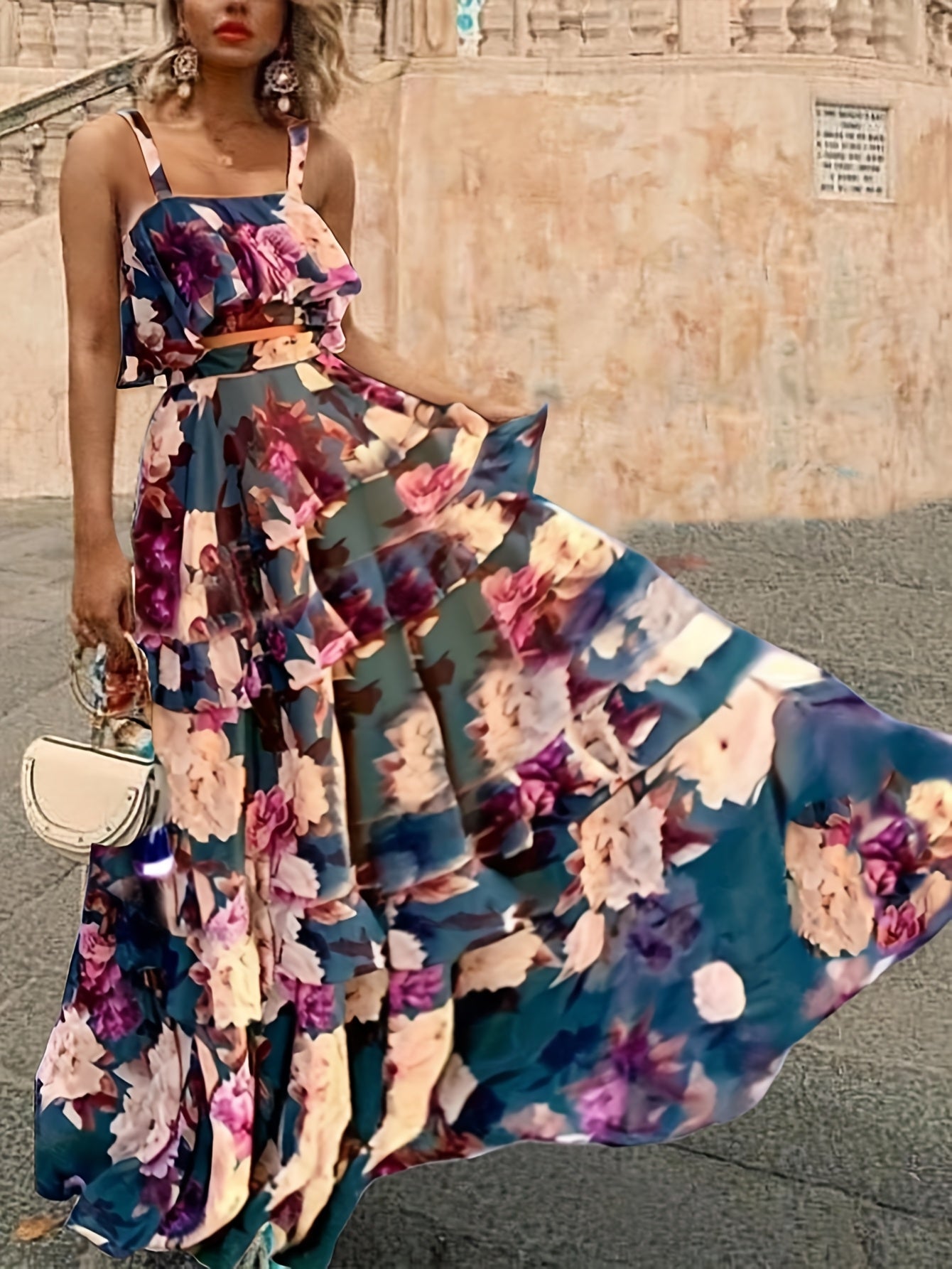Spring/Summer New Beach Edge Holiday Style Printed Two-Piece Peplum Halter Top Cake Skirts Boho Skirts Casual Suit
