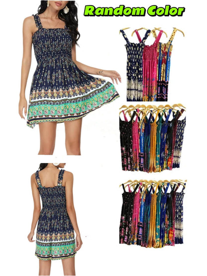 3 pieces Women summer boho dress casual floral print spaghetti strap square neck short dress Random Color