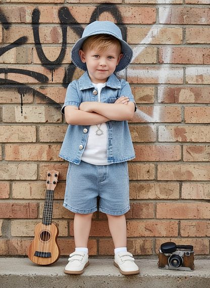 [Runs Large, Size 1 Size] Baby Boy 3pcs Summer Outfit Set, Soft Washed Denim Short Sleeve Lapel Jacket, Casual Denim Shorts And Matching Denim Bucket Hat, Daily Casual Clothes for 6-36 Months, Perfect for Outdoor